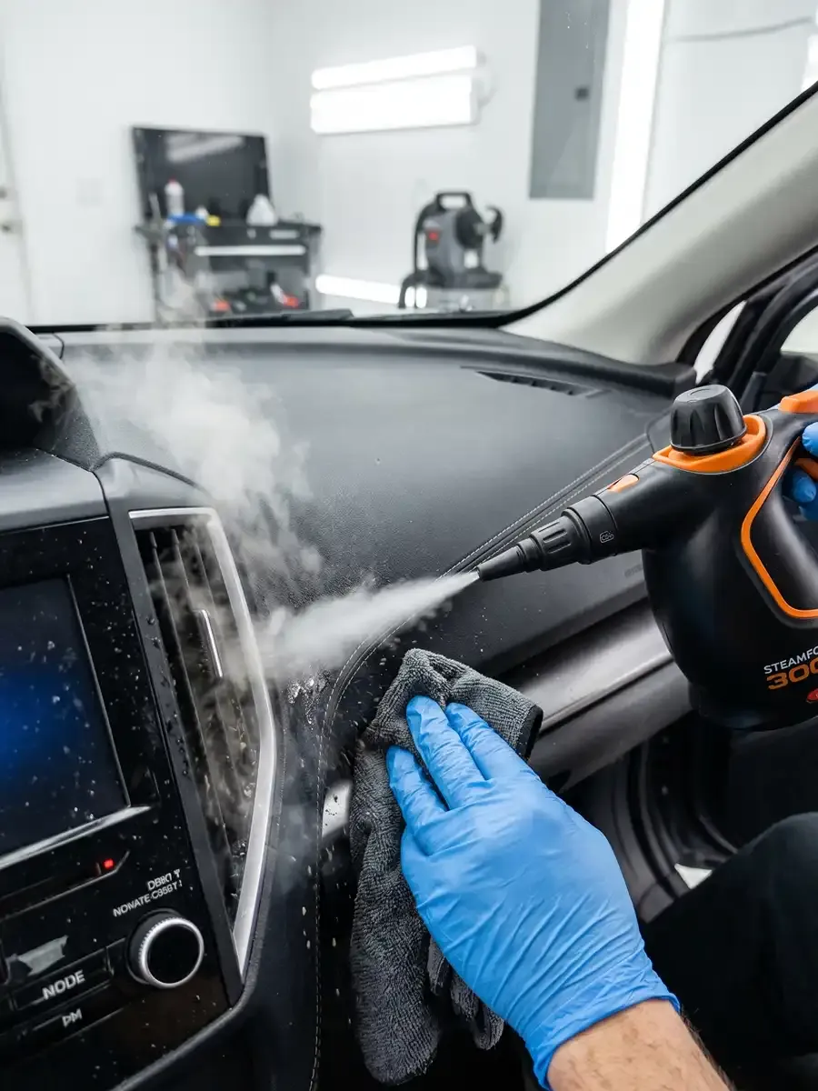 Interior detailing technician cleaning car dashboard vents