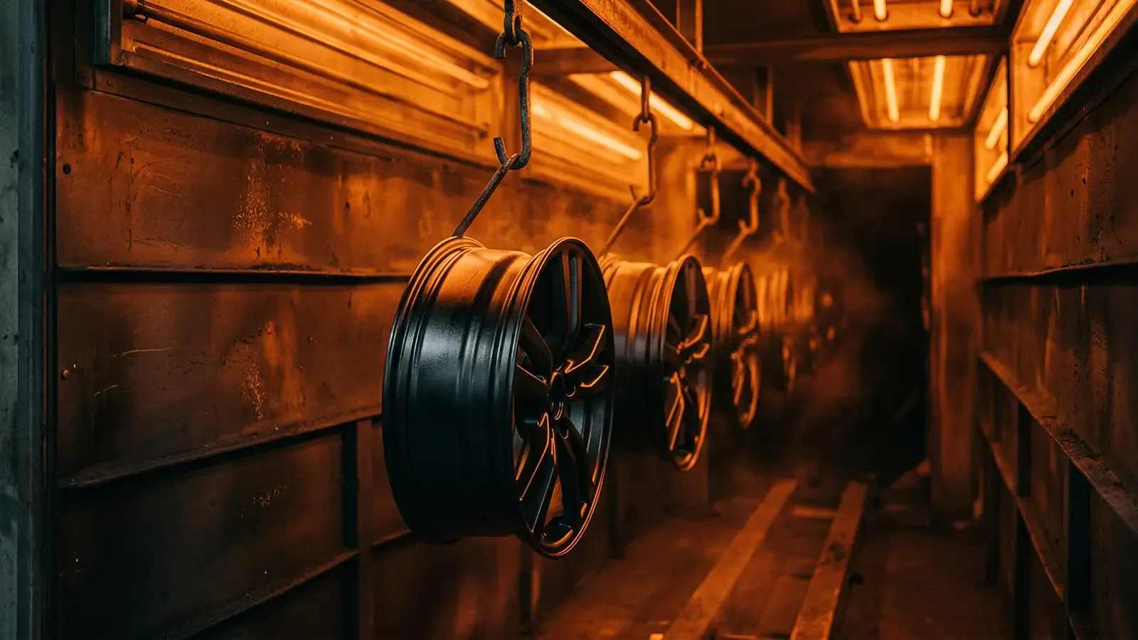 Wheels in powder coating oven during curing