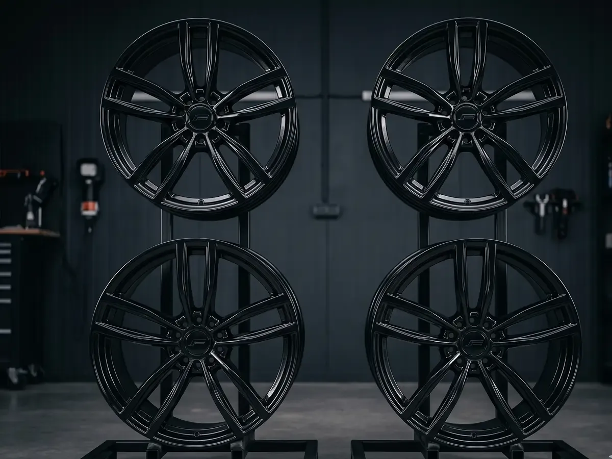 Freshly powder-coated alloy wheels
